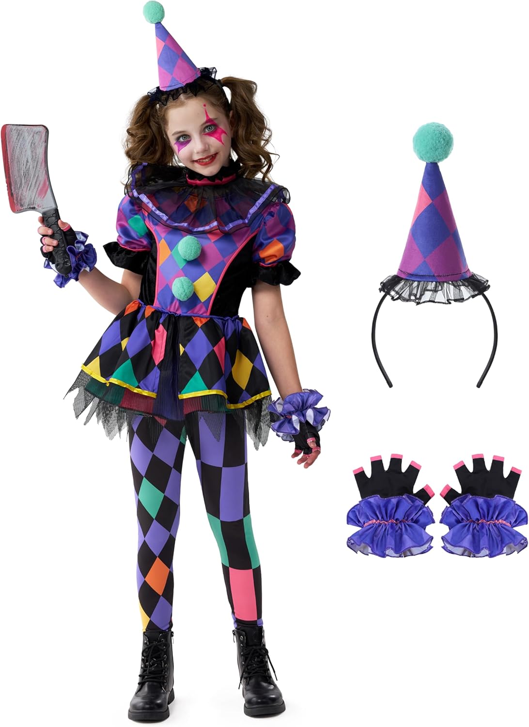 spooktacular creations halloween clown costume for girls, dark colorful twisted clown jester costume for kids large(9-10 yrs)