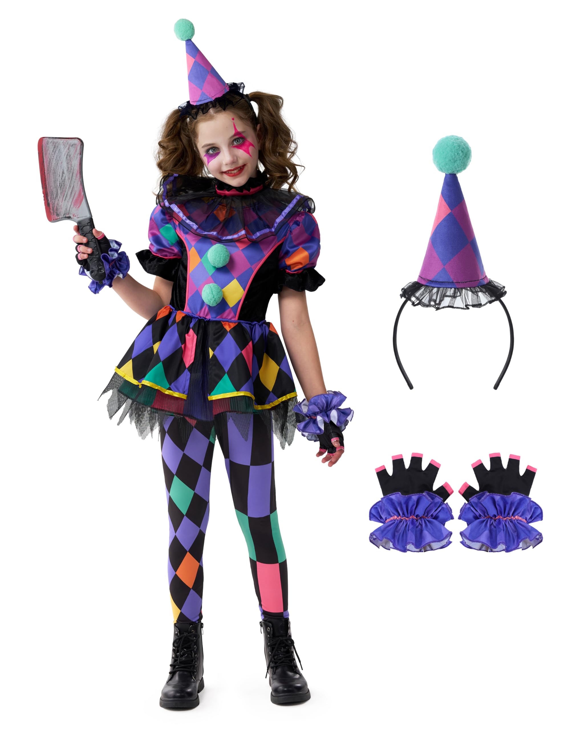 Spooktacular Creations Halloween Clown Costume for Girls, Dark Colorful Twisted Clown Jester Costume for Kids, Halloween Role Play & Dress Up-S