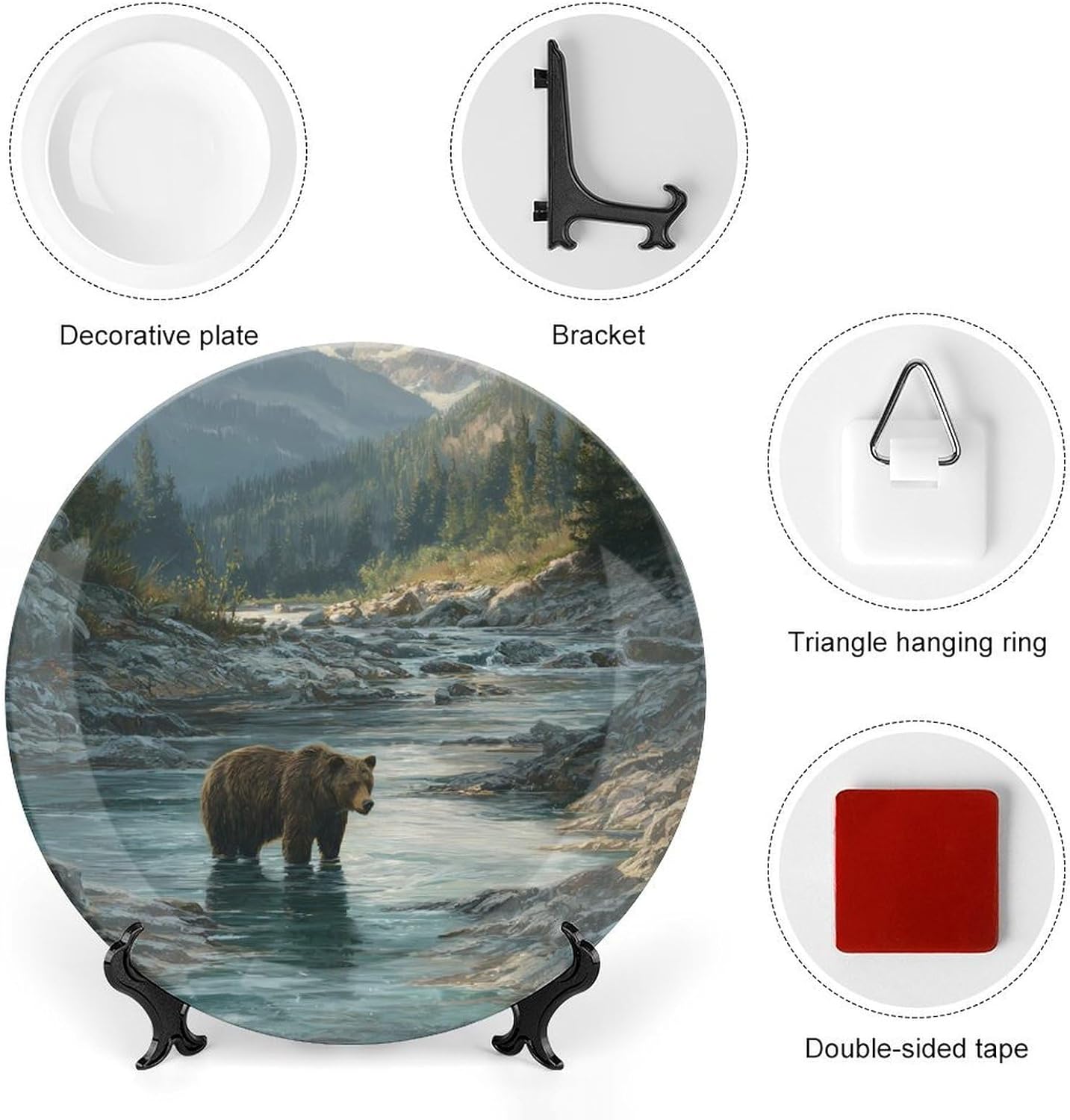 Grizzly Bears Morning In Mountains Decorative Plates for Display Ceramic Plate Tray with Stand Hanger Home Decor