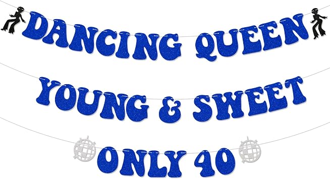 Dancing Queen Young & Sweet Only 40 Banner, Diaso Dancing 40th Birthday Party Decorations,Retro 40th Years Old Bday Decor, Mamma Mia 40th Birthday Party Decorations Blue Glitter