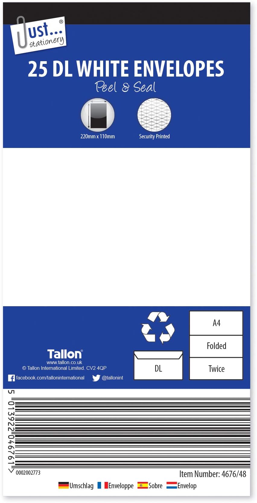 Tallon Just Stationery DL Peel & Seal Envelopes - White (Pack of 25) 4676
