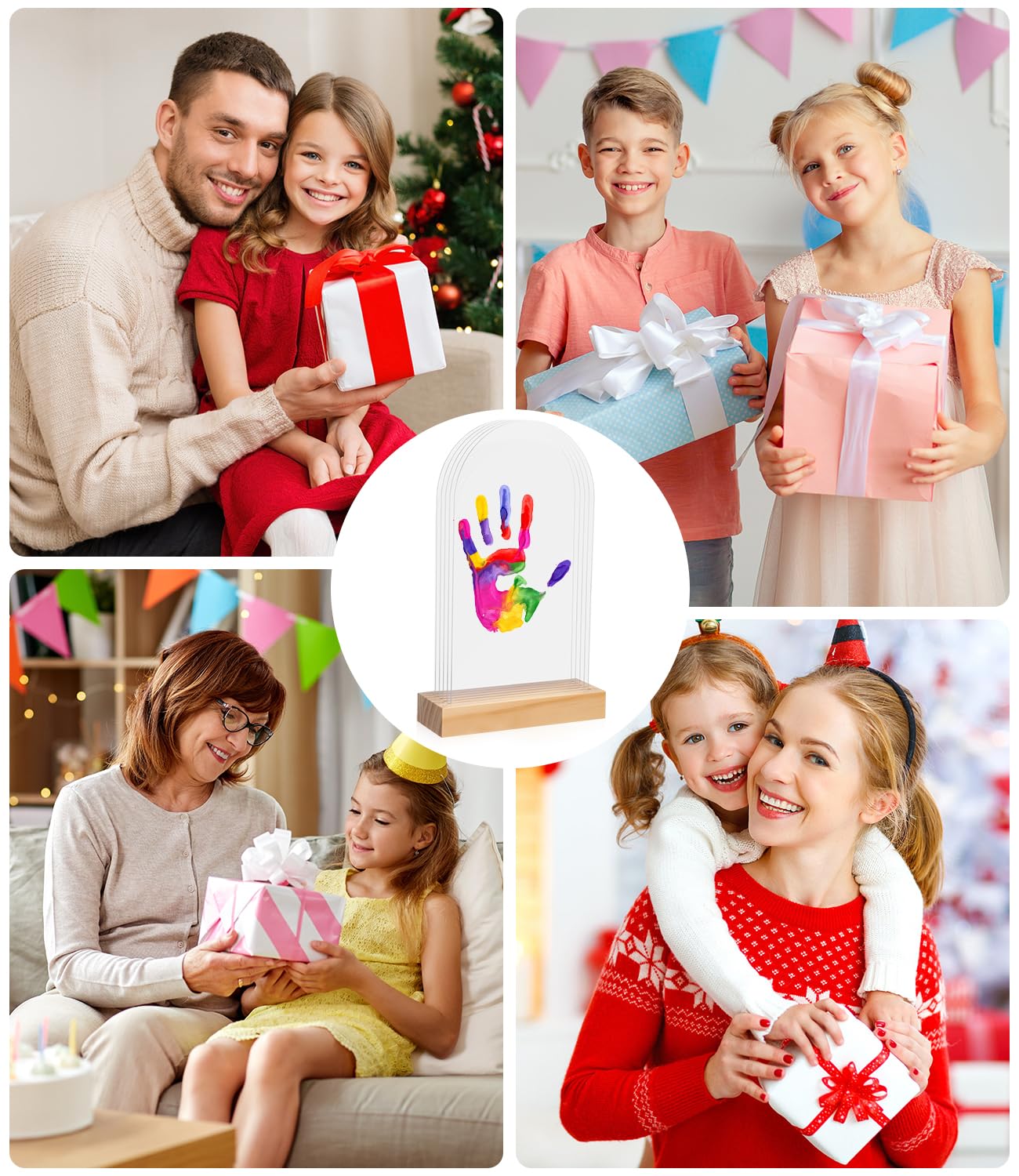 Kit Empreinte Main Famille avec 5 Plaques Plexiglas 6 Couleurs Pigments, Cadeau Bebe Naissance