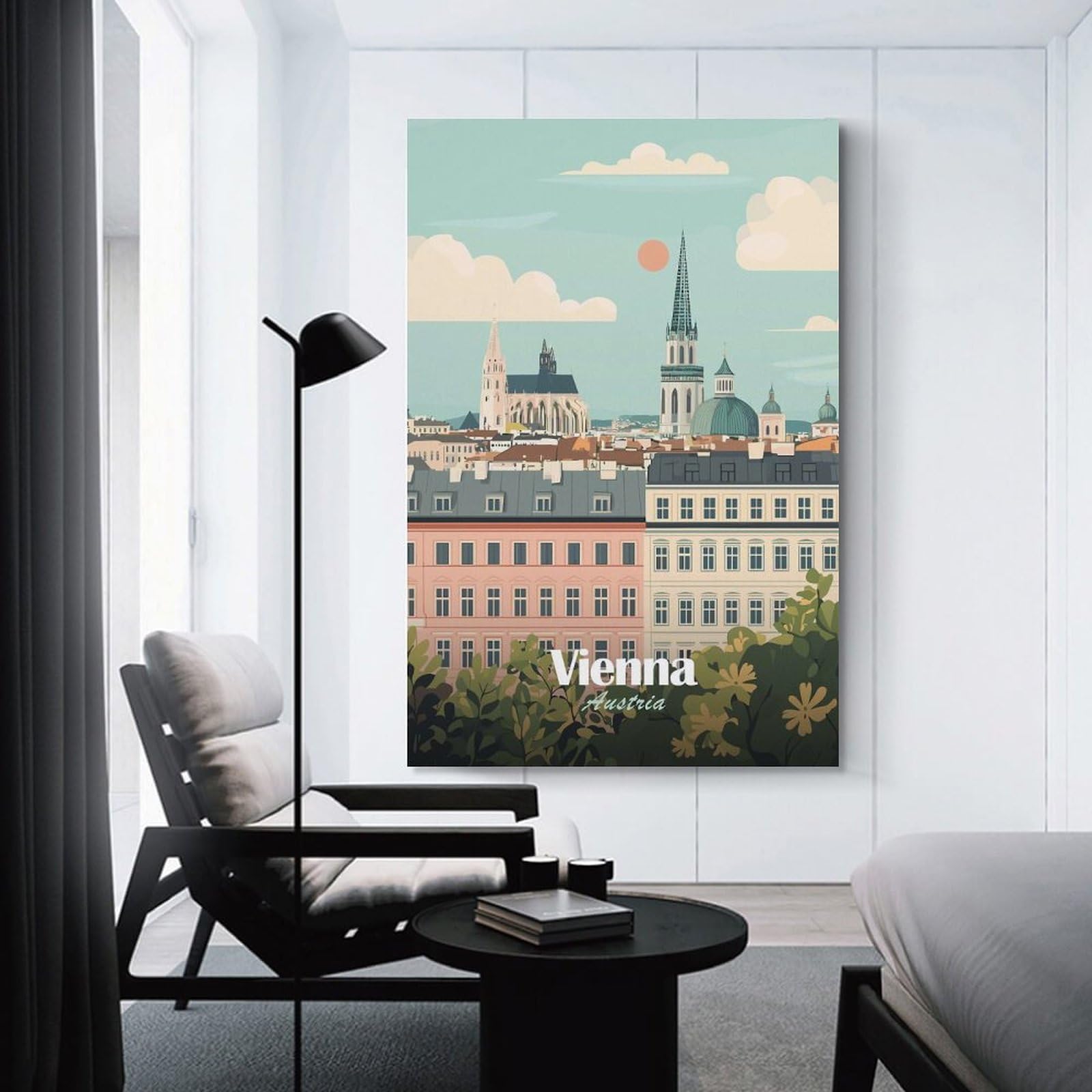 Junmoney Vienna, Austria Cityscape Illustration Canvas Wall Decor, 16x24inch(40x60cm), for Gallery Wall Decor And Room Displays, Wall Decor Suited to Curated Displays