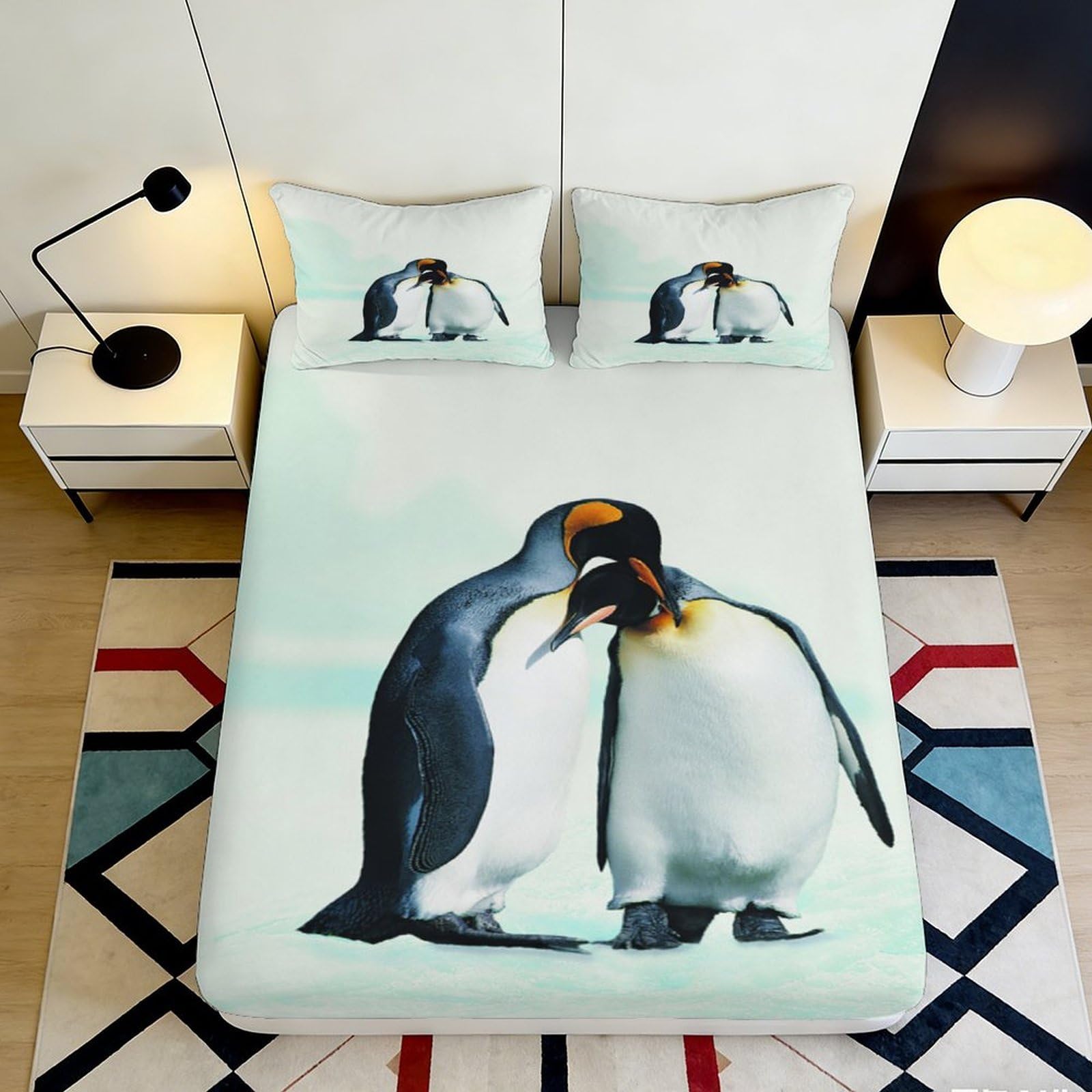 3D Printed Penguin Love Fitted Sheet Microfiber Soft Bedroom Decor Mattress Cover for Home Guest Room Easy Care 90x200x25cm