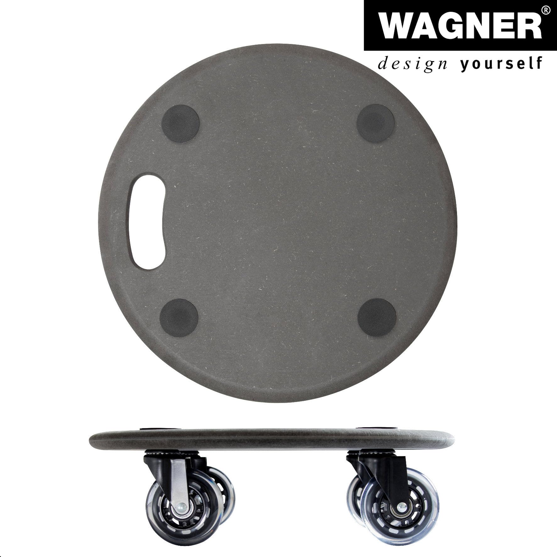 WAGNER Transportroller Transporthilfe 1610 I Plattformwagen schwarz aus MDF I Ø 38 x 11 cm, Tragkraft 250 kg I Möbelroller für Umzüge I Rollbrett rund I Lastenroller mit Tragegriff I FSC®