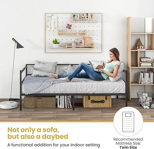 Miniatura 8 de KOMFOTT Marco de sofá cama de metal tamaño individual, plataforma de soporte de listones de metal resistente, sofá cama con almacenamiento, no