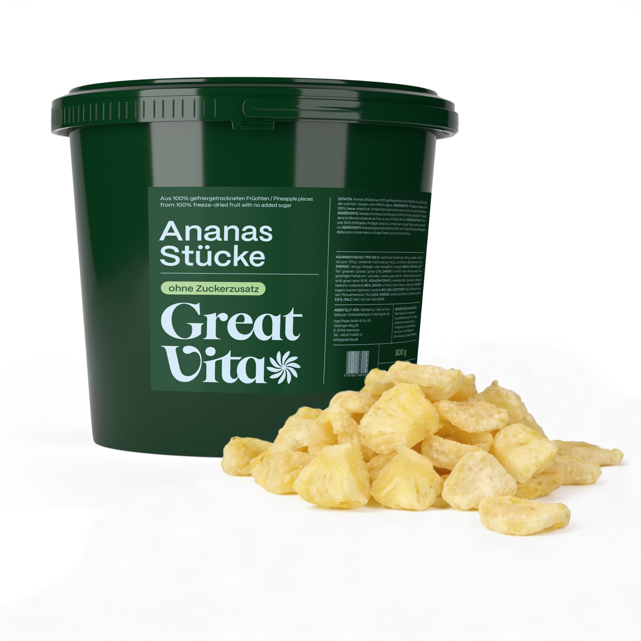 GreatVita Ananas Stücke gefriergetrocknet 500g - knusprige Ananas Chunks ohne Zuckerzusatz - gefriergetrocknete Früchte - Freeze-Dried Pineapple - Snack & Topping für Müsli, Joghurt & Smoothies