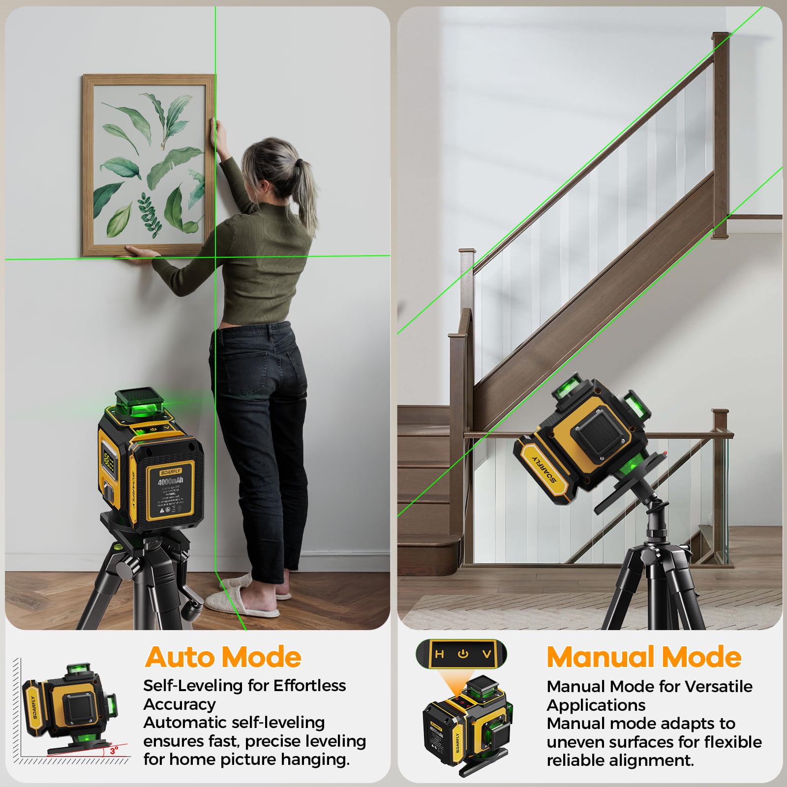 SOARFLY Niveau Laser 4D avec Trépied, Niveau Laser Vert Autonivelant Croix à 4×360°, 2 Batteries 4000mAh, Télécommande, Support Magnétique, pour Carrelage, Construction et Rénovation Intérieure
