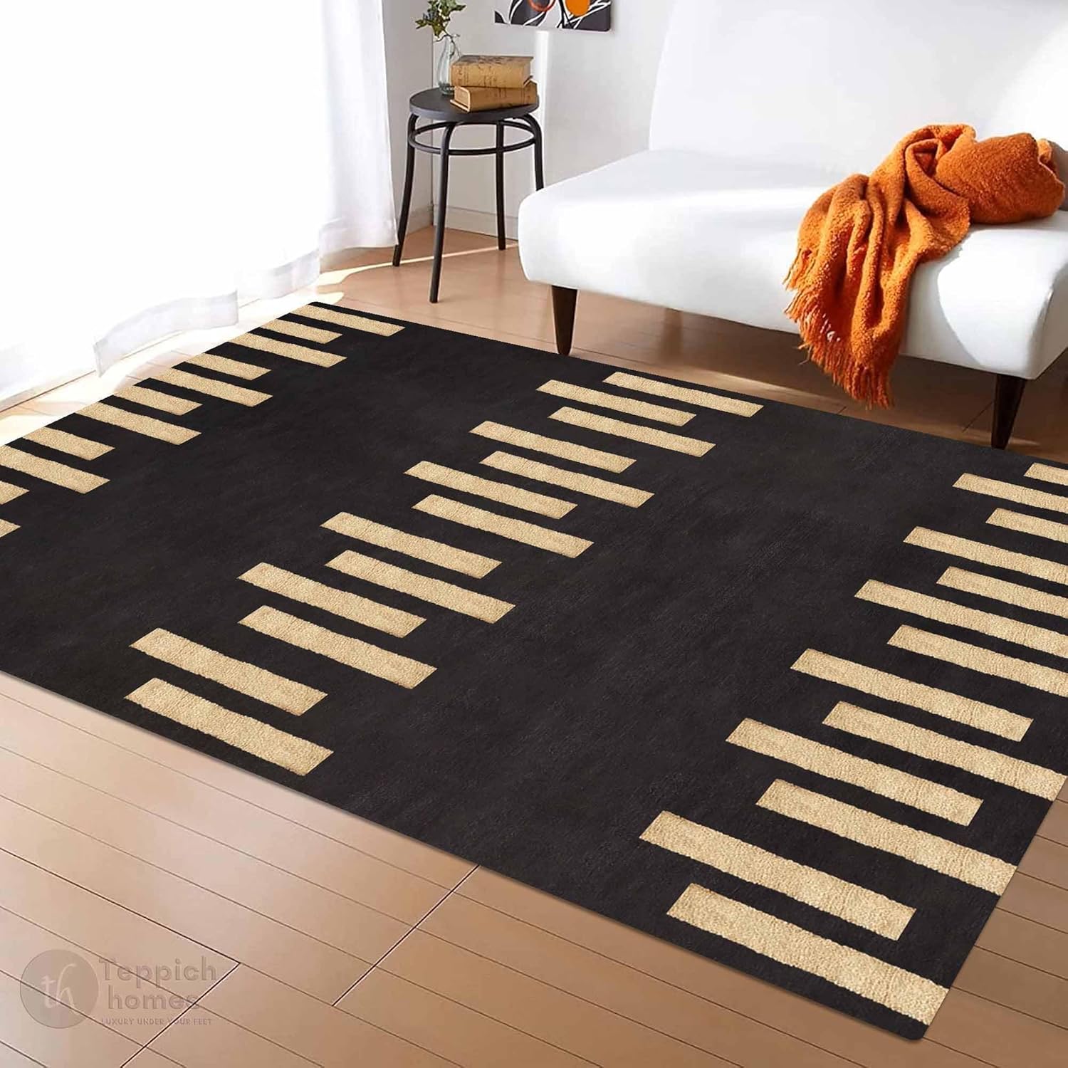 Hand Tufted Wool Area Rug Black & Beige, Luxury Modern Handmade Rug 7x10 for Living Room Bedroom Dining Room