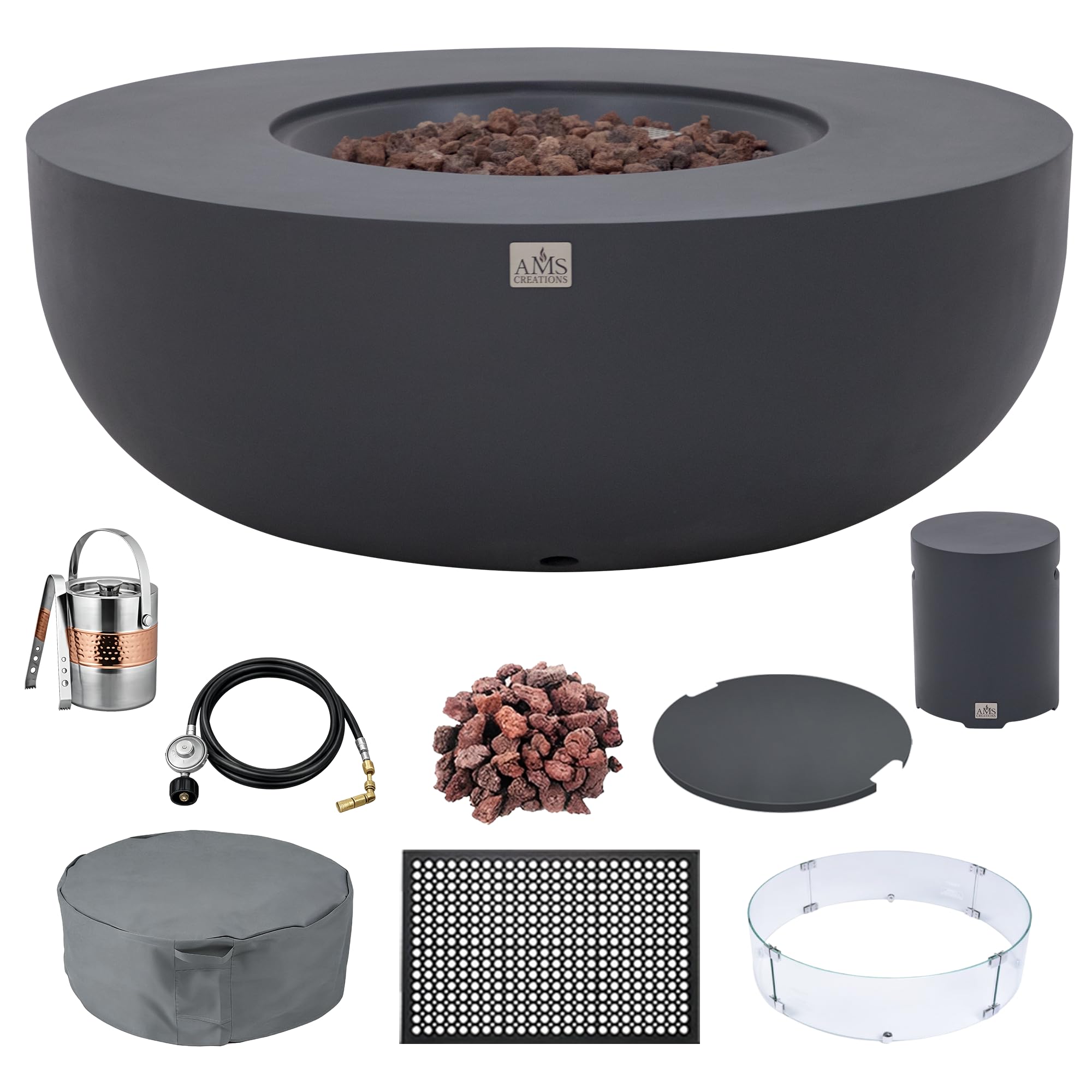 AMS 44" Round Concrete Propane Gas Fire Pit Table Bowl (Dark Gray, Bundle)