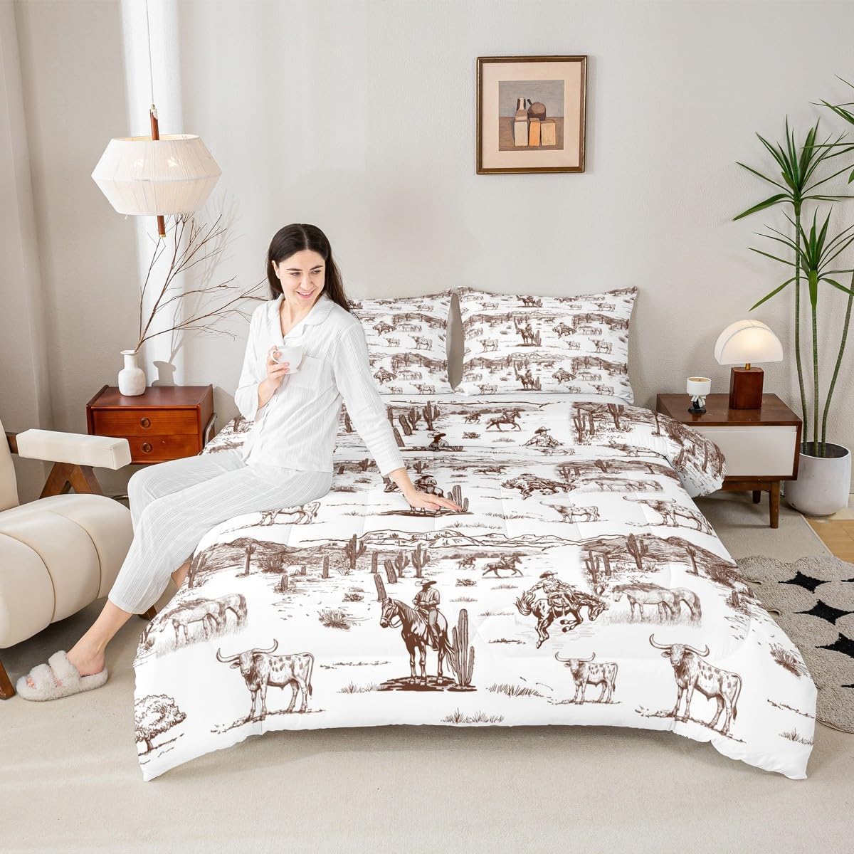 Western Cowboy Bedding Set Twin Size,Vintage Southwest Style Comforter Set Desert Cactus Cow Horse Animals Quilt Set for Kids Boys Girls Adult Room Decor,Sketch Brown White Duvet Insert 2Pcs