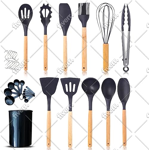Miniatura 4 de Juego de utensilios de cocina de silicona de 37 piezas, herramientas de cocina antiadherentes de grado alimenticio con asas de madera, tazas y