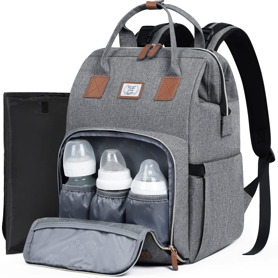 Lekespring Mochila Carro Bebe Grande Multifuncionales,Mochila Maternidad con Cambiador Portátil y Correas para el Cochecito, Bolso Bebe para Viaje Mamá y Papá - Gris