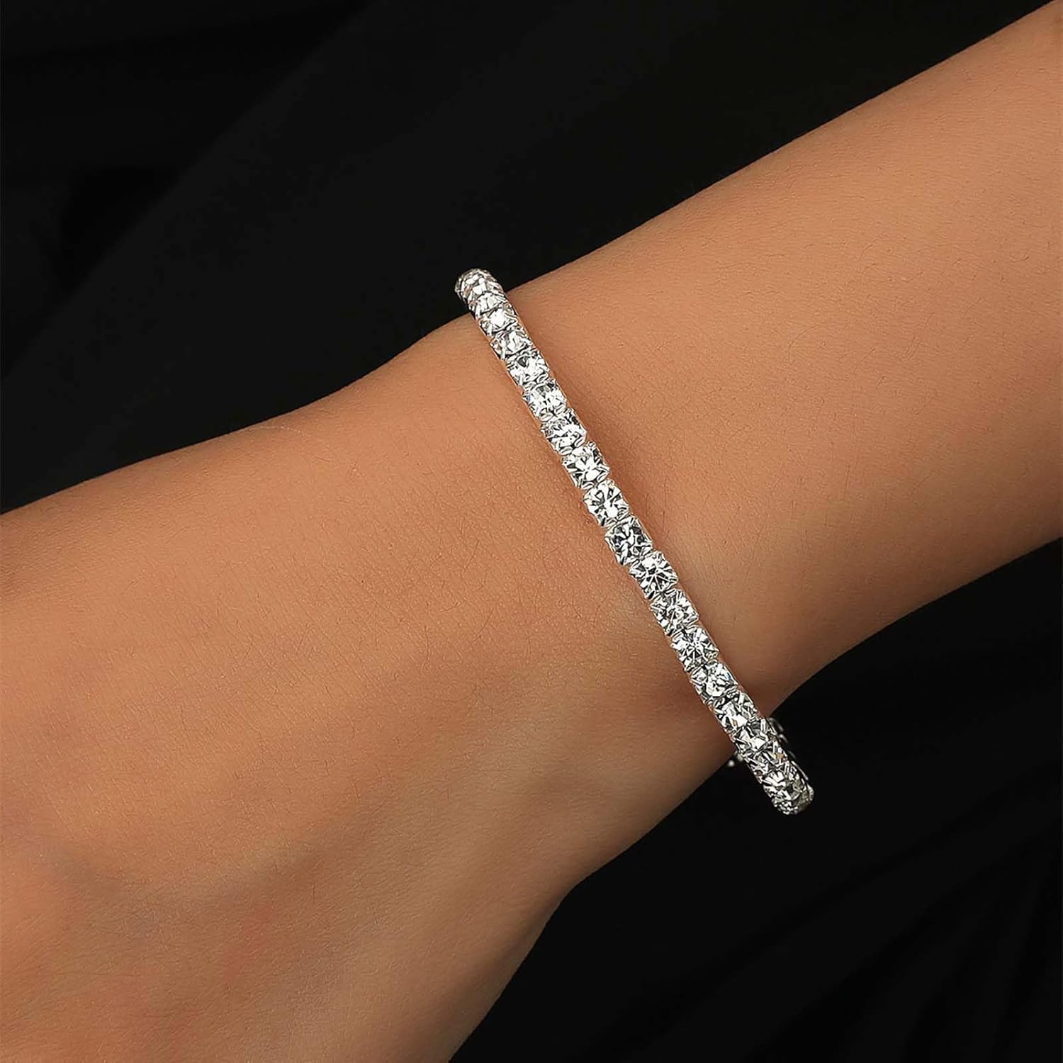 Cubic Zirconia Tennis Bracelet Silver Rhinestone Bangle Bracelet Crystal Open Cuff Bracelet Sparkle CZ Bridal Bracelet Jewelry for Women - Image 2