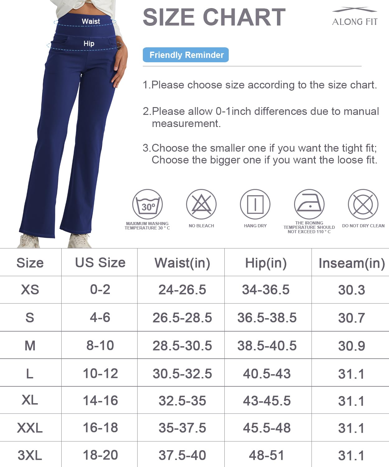 ALONG FIT Bootcut spodnie do jogi, damskie, długie, z wysokim stanem, z 3 kieszeniami, nieprzejrzyste, szerokie nogawki, spodnie rekreacyjne, 66 cm, 71 cm, 76 cm, 81 cm, długość kroku 81 cm