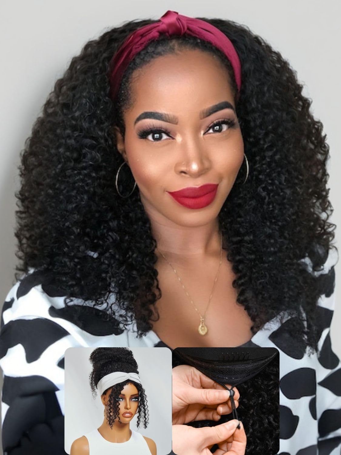 Nadula Hair Afro Kinky Curly Half Wigs Human Hair for African American Women, 100% Virgin Human Hair Headband Curly 3/4 Half Wigs Glueless Put and Go Beginner and Friendly 180% Density 20 Inch