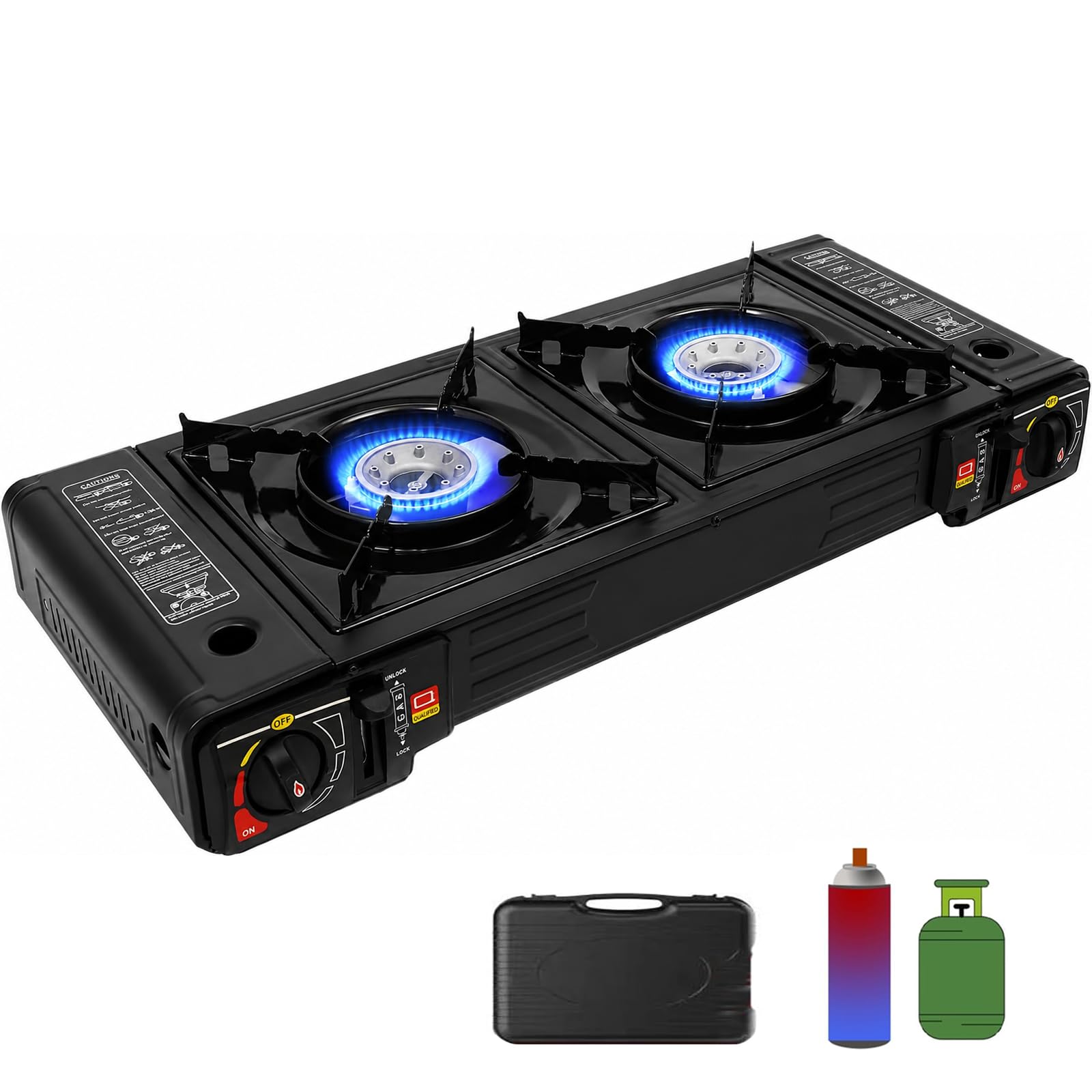 Hornillo de camping de 2 fuegos con plancha y maletín, 5000 W (2 x 2,5 kW) cocina de gas portátil, doble combustible butano y GLP, encendido piezoeléctrico, estufa de camping para cartuchos de gas MSF