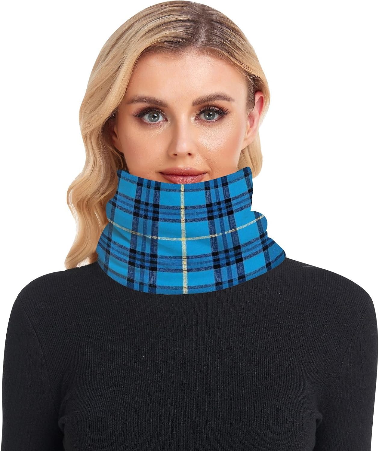 Vintage Buffalo Plaid Checked Blue Winter Fleece Neck Warmer Scarf for Cold Weather Running Gaiter Mask Thick Thermal Fleece Lined for Men & Women