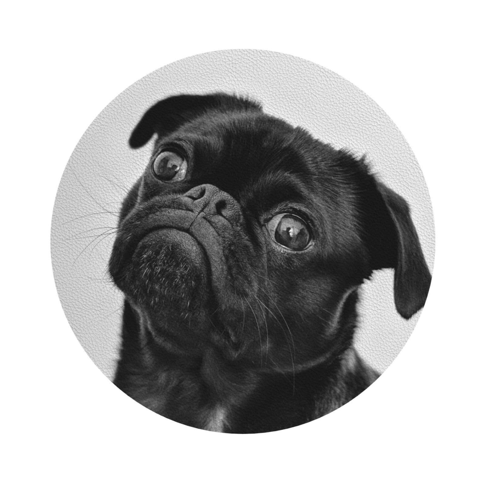 Cute Black Pug Dog PU Leather Coasters Set of 6 Round Drink Coasters