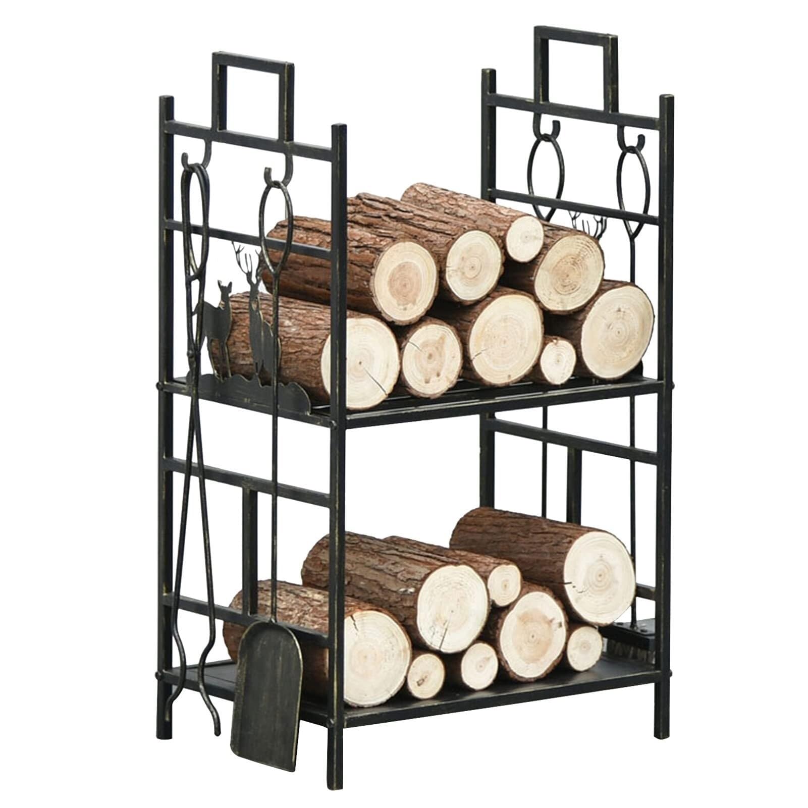 Porte-bûches avec accessoires de cheminée et support en acier noir