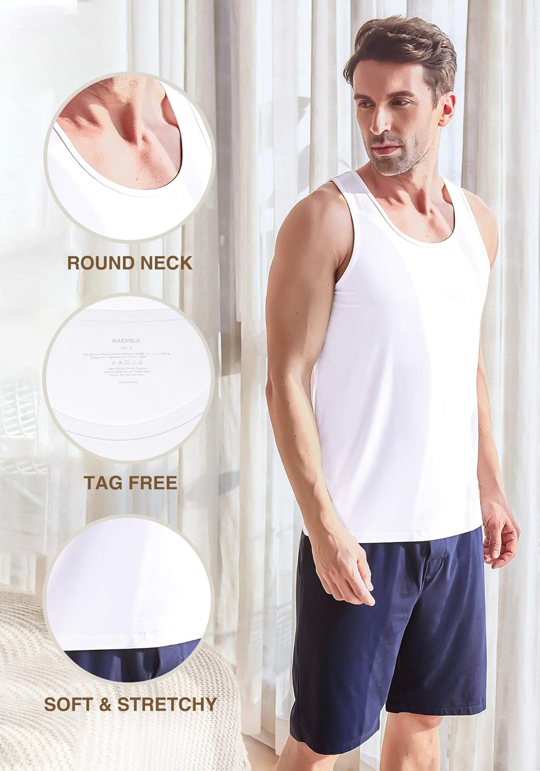 NACHILA Tank Top for Men-Viscose Made from Bamboo, Basic Undershirts 3 Pack Soft Tanks Sleeveless Shirts