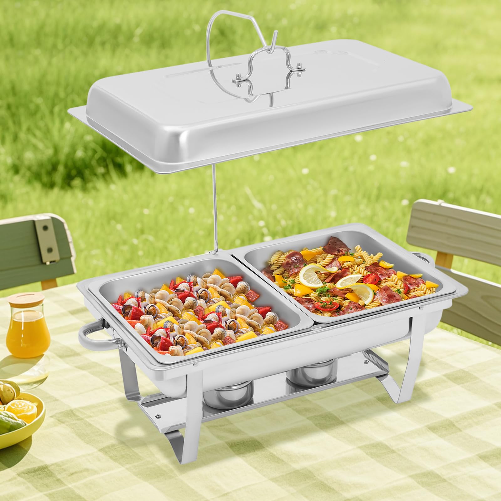 Set da buffet in acciaio inox da 9 l, scaldavivande con coperchio e 2 contenitori per combustibile, scaldavivande per feste, catering e feste di famiglia