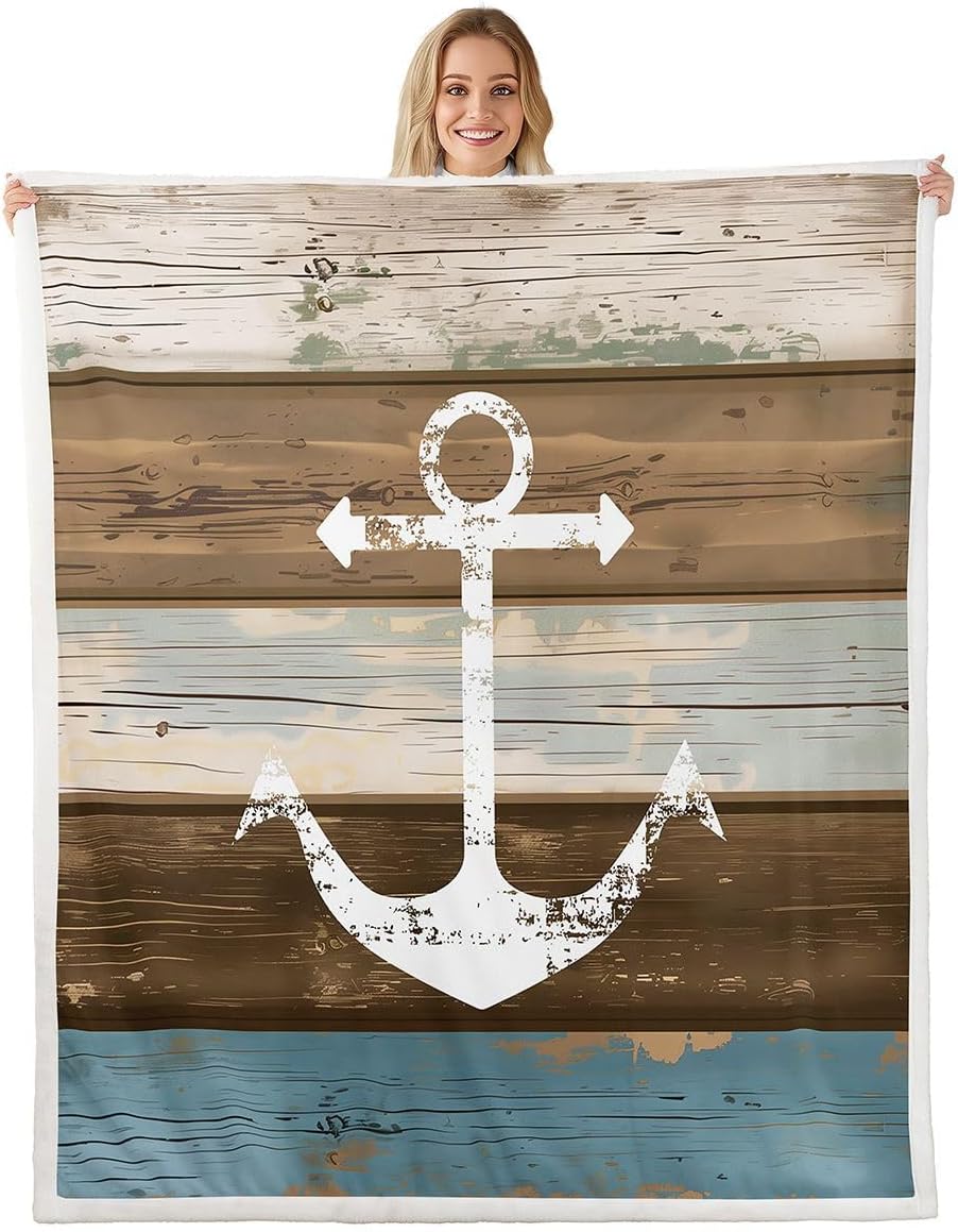 Feelyou Anchor Duvet Cover Set Nautical Theme Bedding Set Vintage Timeworn Weathered Wooden Planks Rustic Comforter Cover Soft Luxury Bedspread Cover with 2 Pillowcase 3Pcs Bedding Full,Blue