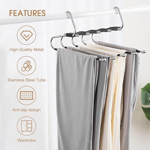 Miniatura 10 de Loretoy Paquete de 3 perchas para pantalones que ahorran espacio, estante multifuncional antideslizante para pantalones, tubo de acero inoxidable