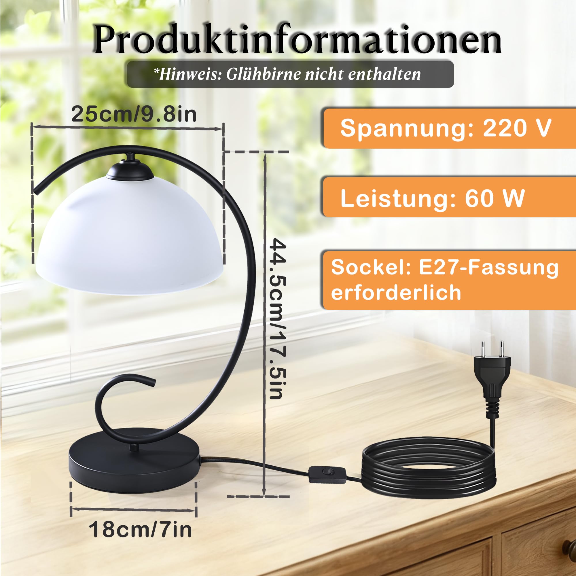 Alighting Tischlampe Schwarz mit Glas Lampenschirm | Vintage Tischleuchte 44,5 cm, Elegante Nachttischlampe für Schlafzimmer Wohnzimmer Beistelltisch, E27(ohne Leuchtmittel)