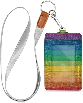 Rainbow Colorful Wood ID Badge Holder with Lanyard Detachable Keychain PU Leather Vertical ID Card Case for Woman Men Teacher Office Worker Student
