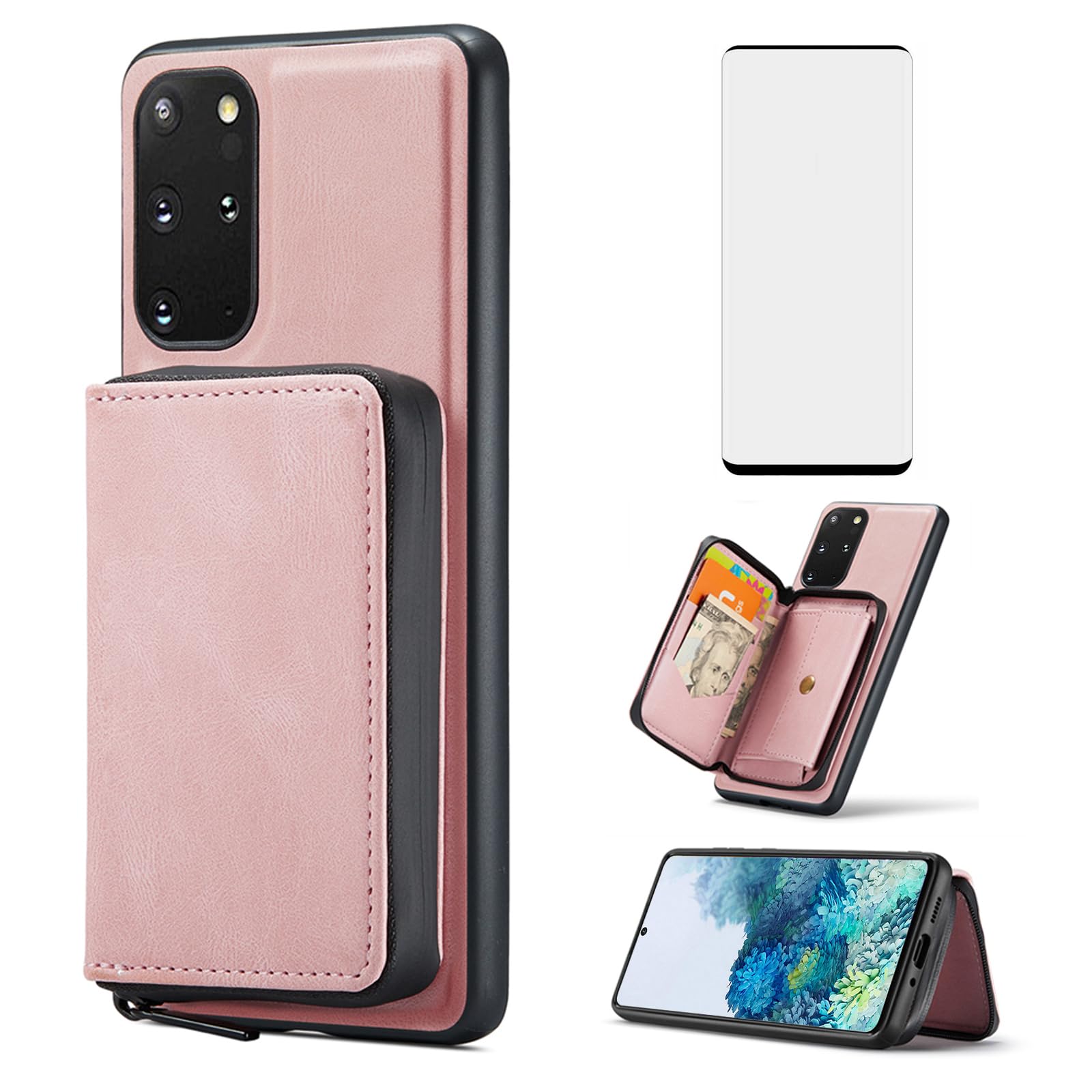 Phone Case for Samsung Galaxy S20 Plus S20+ 5G Wallet Cover with Tempered Glass Screen Protector and Credit Card Holder Zipper Cell Accessories S20+5G S20plus 20S + S2O S 20 20+ G5 Women Men Rose Gold