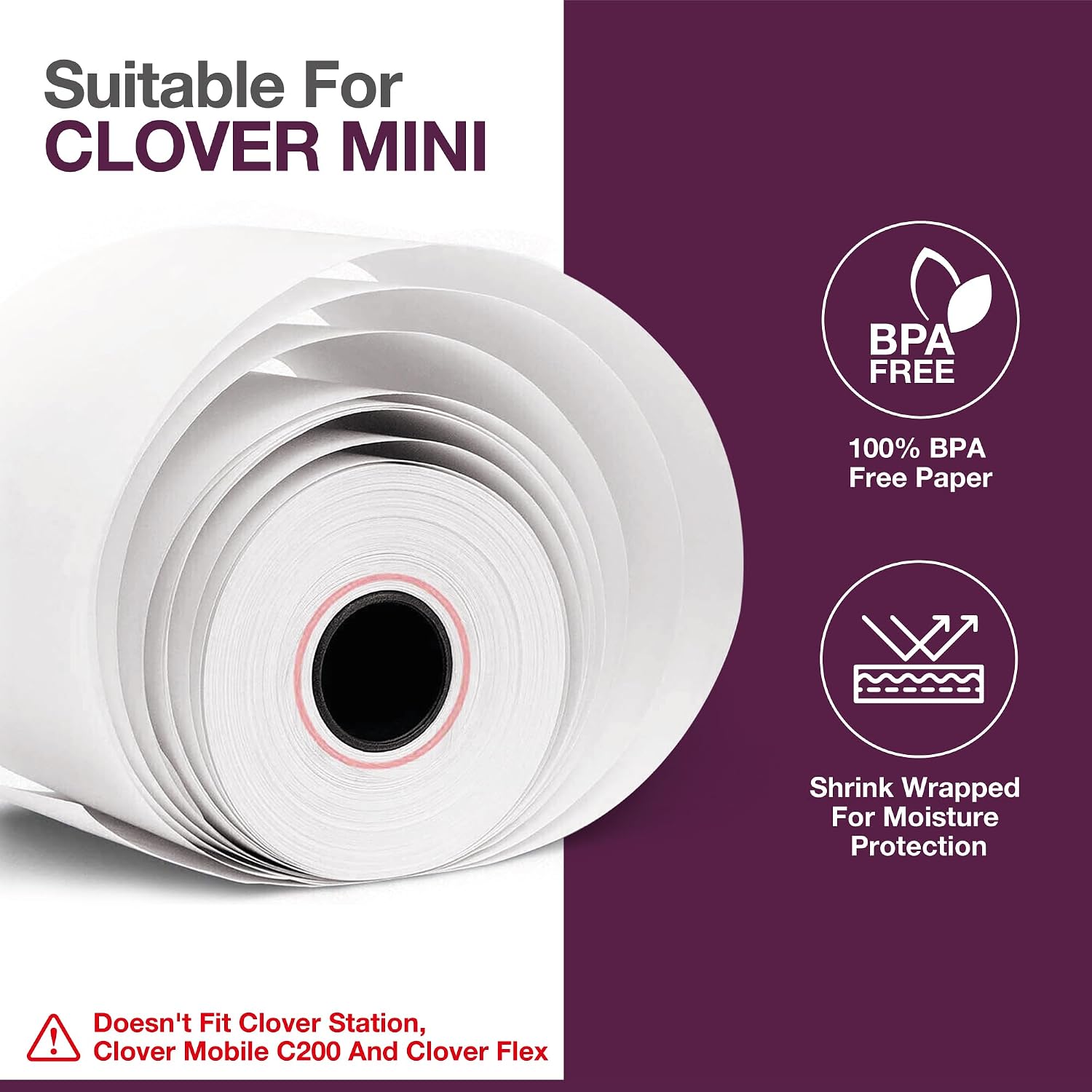 Receipt Paper for Clover Mini and Clover Mobile Thermal Printer - Receipt Paper Rolls Compatible with Clover Mini POS models C200, C300, C301, C302, C305-50 Rolls