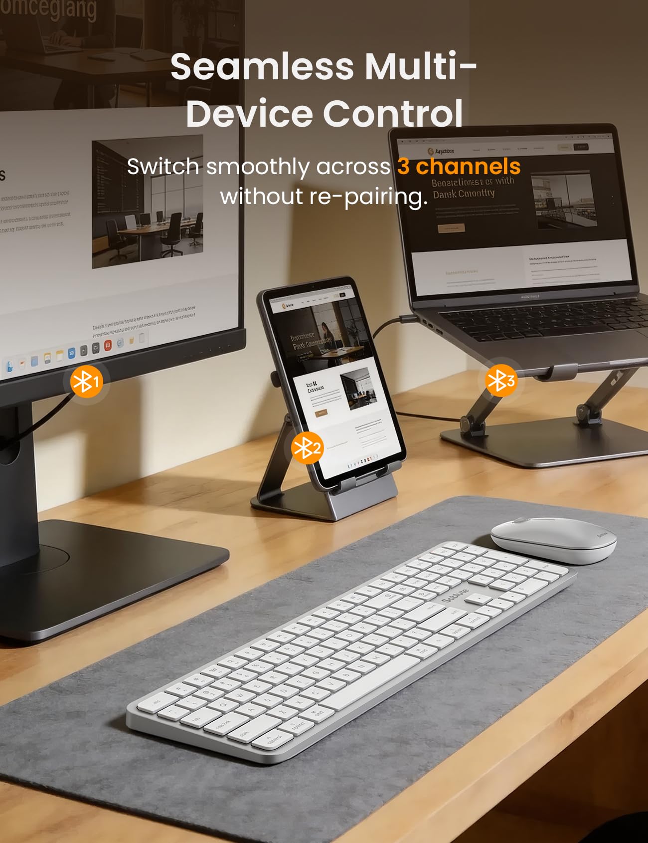 SABLUTE Teclado y mouse Bluetooth para Mac, combo de teclado inalámbrico recargable para múltiples dispositivos, textura metálica, tamaño completo para MacBook Pro/Air, iMac, iPad (blanco plateado)