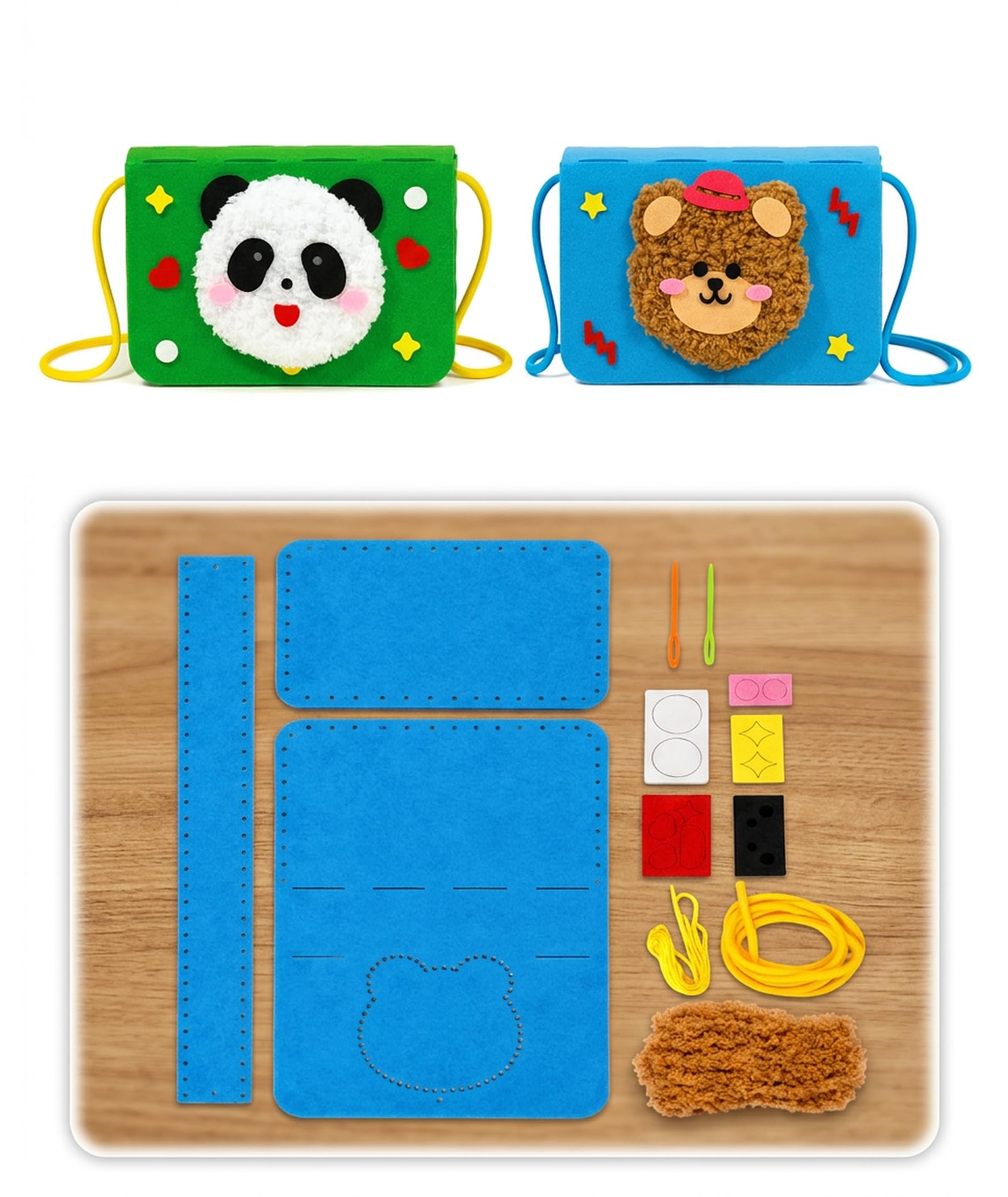 GODSDWARES 2Pcs Embroidery Kit for Beginners, Punch Needle Kit for Kids, DIY Knitting Kit, Animal Bag Making Kit for Blue Bear and Green Panda Crossbody Purses, Beginner Yarn Crochet Bag Kit-picture-21