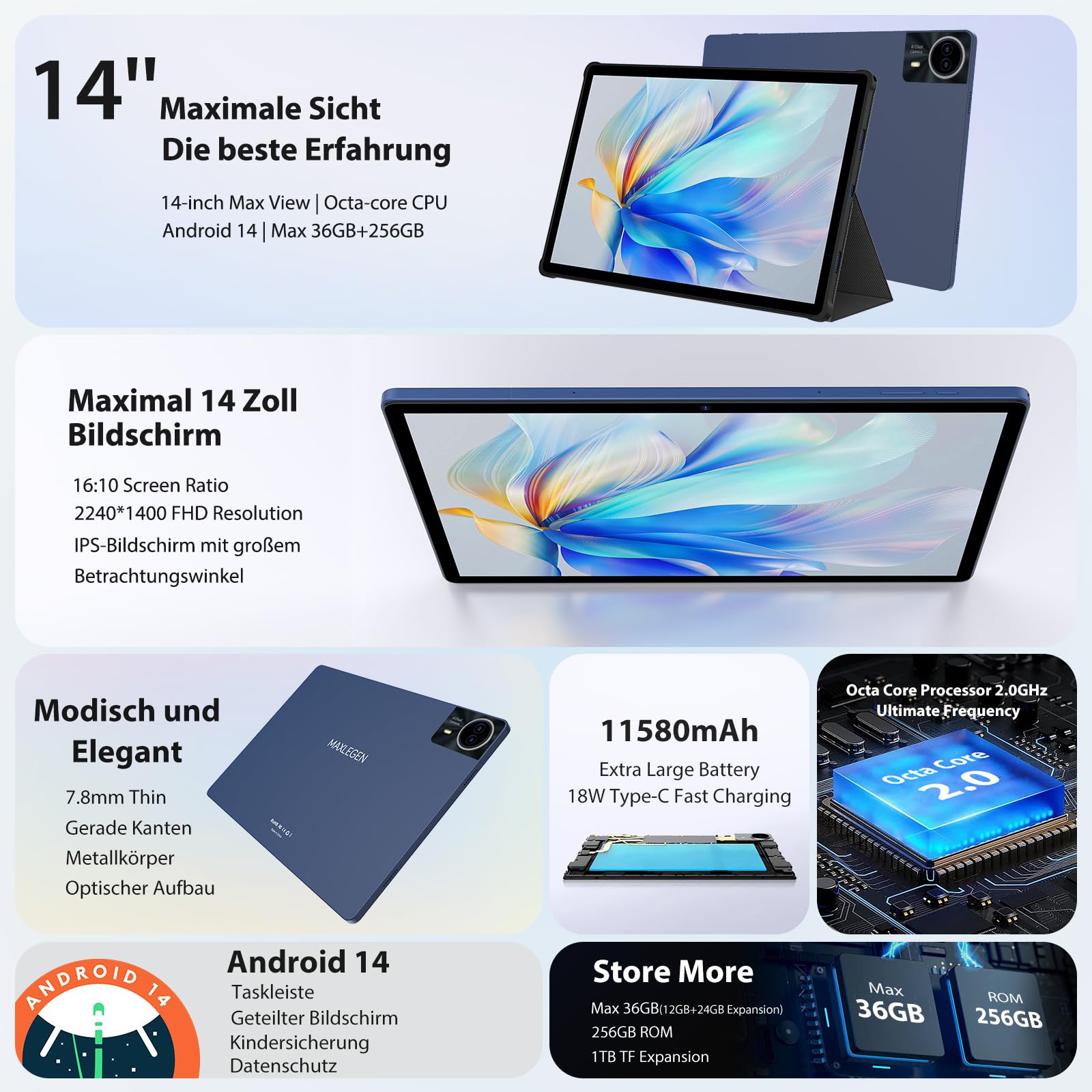 14-Zoll-Tablet 2.5K Touch Display 36GB RAM + 256GB ROM 4G LTE + 5G WiFi - Dettaglio