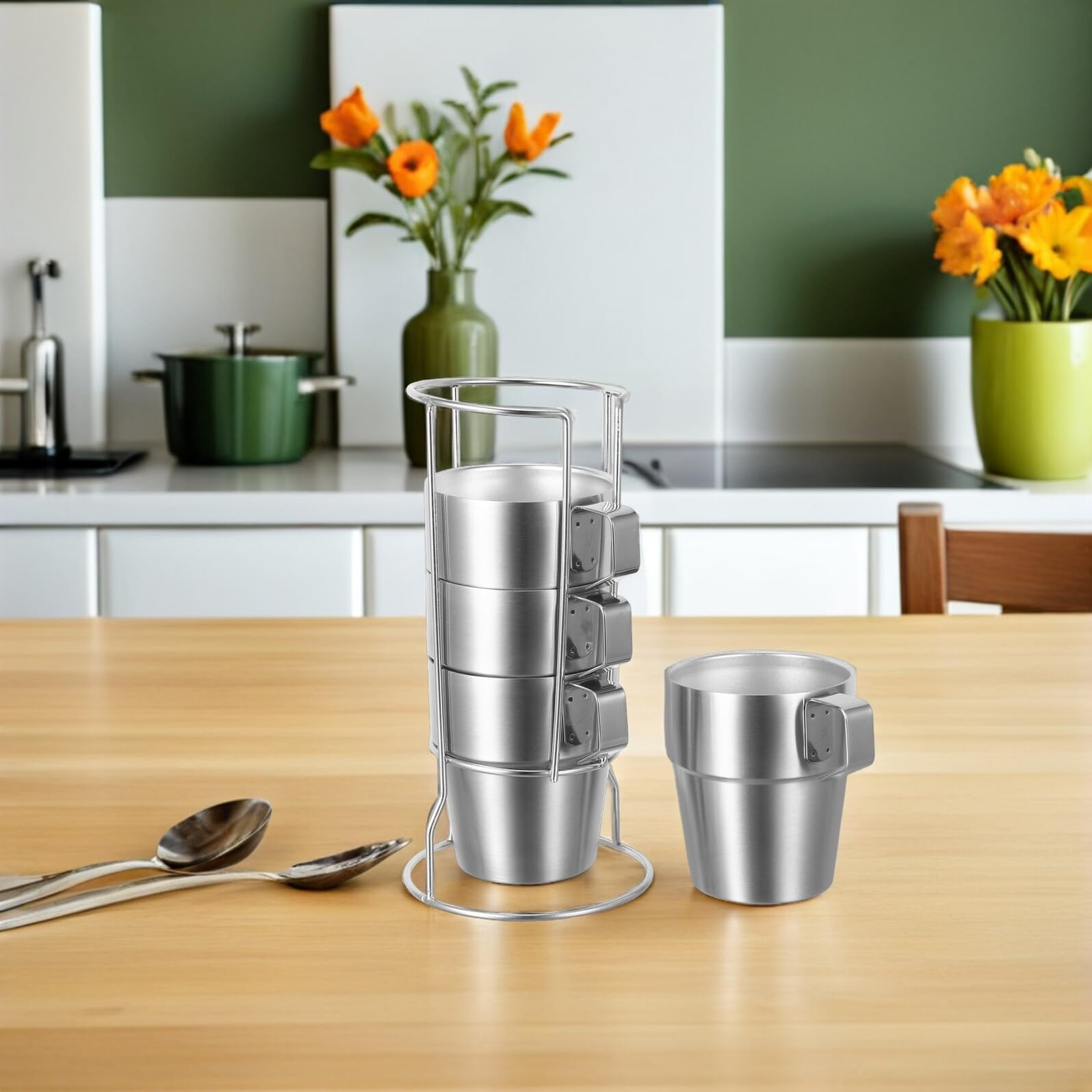 Juego de 4 Tazas Infantiles de Acero Inoxidable 300 Ml con Doble Aislamiento Asas Ergonómicas y Soporte Apilable Tazas Térmicas Antiescaldaduras para Café Té y Bebidas Frías