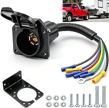 7 Pin Trailer Plug,7 Way RV Trailer Light Connector Socket, 7 Prong Trailer Plug Wiring Harness Adapter Quick Converter with Mounting Bracket,for RV,Camper,Truck,Trailer, 7 Blade Trailer Plug