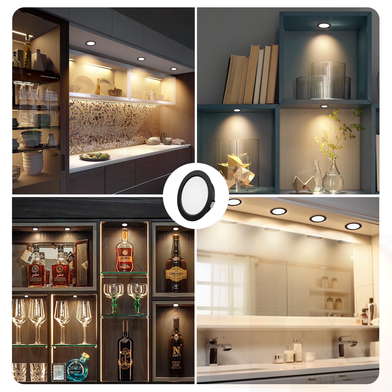 YindaLux Zestaw 6 reflektorów LED do zabudowy, 230 V, 3 W, 3000 K, ciepła biel, reflektor LED, ultra płaski, 300 lm, otwór 55-58 mm i 15 mm, płaski, IP44 lampa do zabudowy meblowej LED do szafki z