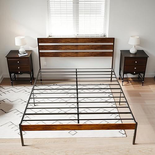 Miniatura 44 de Cama de plataforma de metal de tamaño individual con cabecera de madera, no necesita somier, fácil montaje, grano de madera negro Grano de madera