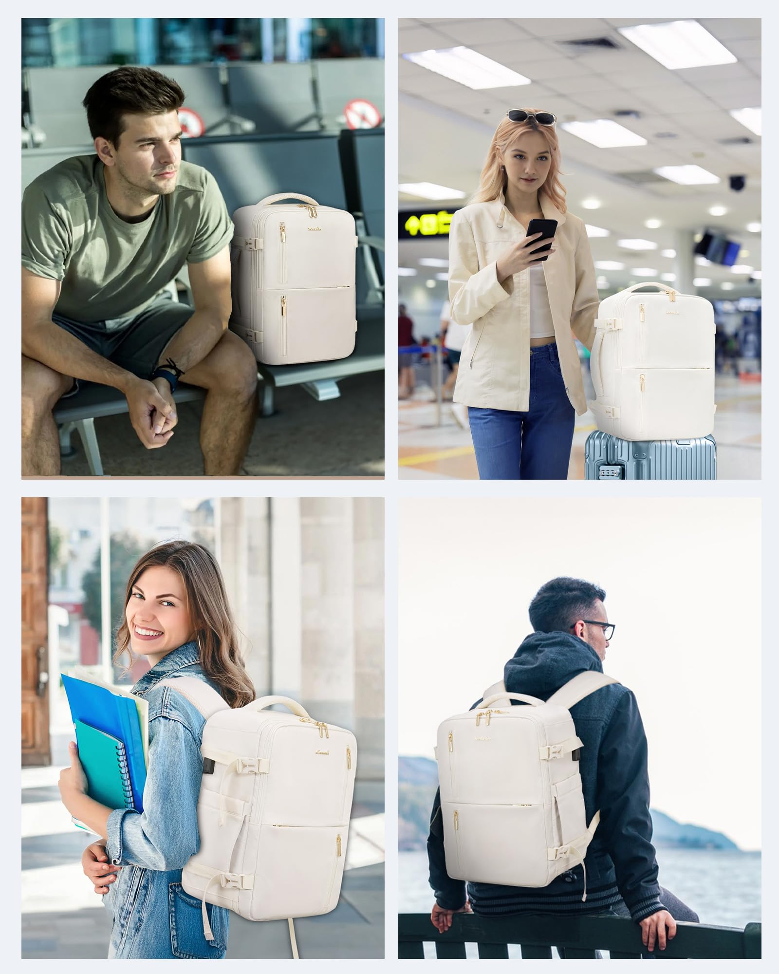 LOVEVOOK Mochila Cabina Avion 40x20x30, Ryanair Vueling, Mochila Viaje Mujer Hombre 24L, Impermeable, con puerto USB, Maleta de Mano, Travel Backpack 14”, Trabajo Negocios Escuela, Blanco