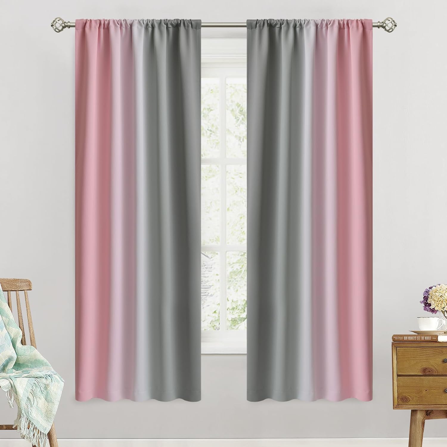 SimpleHome Pink and Grey Ombre Room Darkening Curtains for Bedroom 63 Inches Long, Light Blocking Rod Pocket Curtains for Living Room, Gradient Drapes, 52Wx63L, 2 Panels