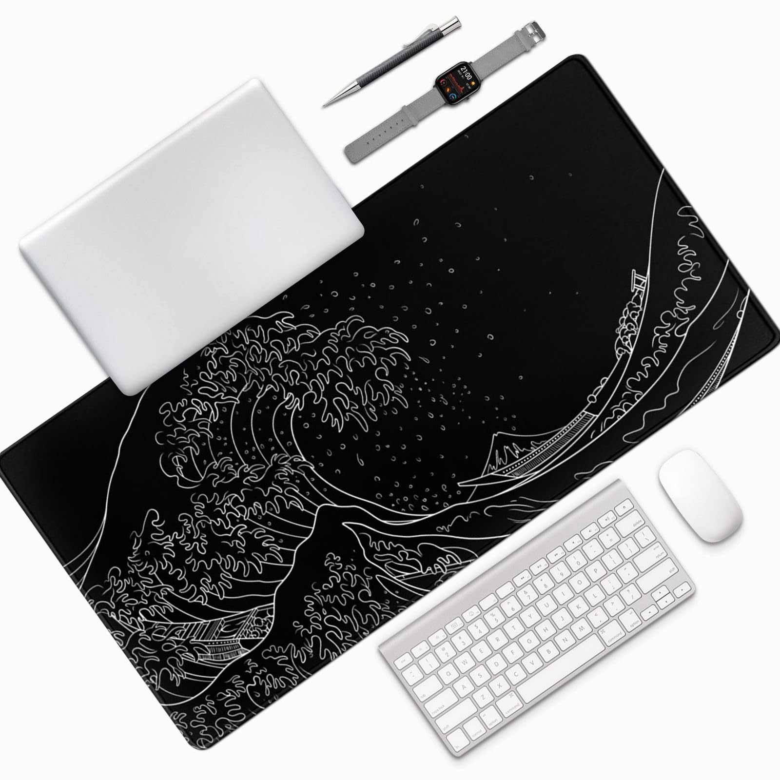 Tappetino per mouse extra large 122 x 61 cm, motivo onde marine giapponesi, tappetino da scrivania impermeabile | Tappetino per mouse con base in gomma antiscivolo con bordi cuciti per lavoro, gioco, ufficio, casa (nero, XXXXL)