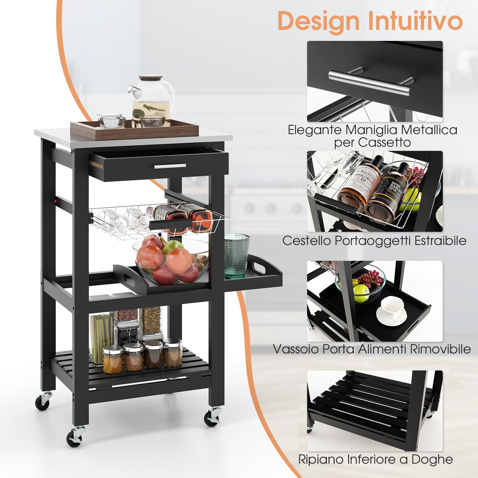 Carrello da Cucina a 4 Livelli, Isola da Cucina con Piano in Acciaio Inox, Cestino in Rete e Vassoio di Servizio Rimovibile, Carrello Bar per Cucina e Sala da Pranzo, 47x39x85 cm (Nero)