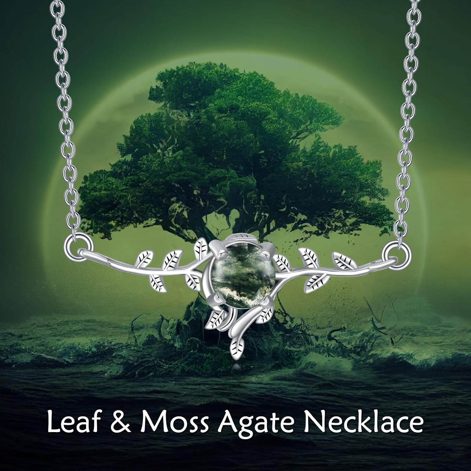 VONALA Leaf Moss Agate Necklace for Women, 925 Sterling Silver Leaf Choker, Moss Agate Jewelry - Image 2