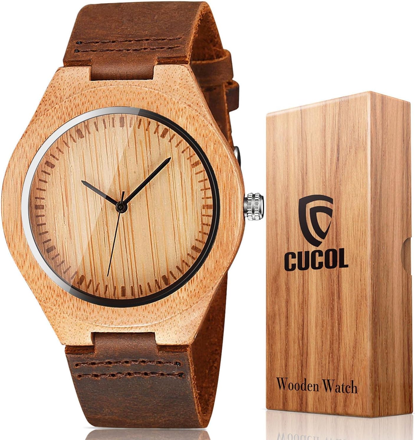 Mens Wooden Watches Brown Cowhide Leather Strap Casual Watch for Groomsmen Gift with Box
