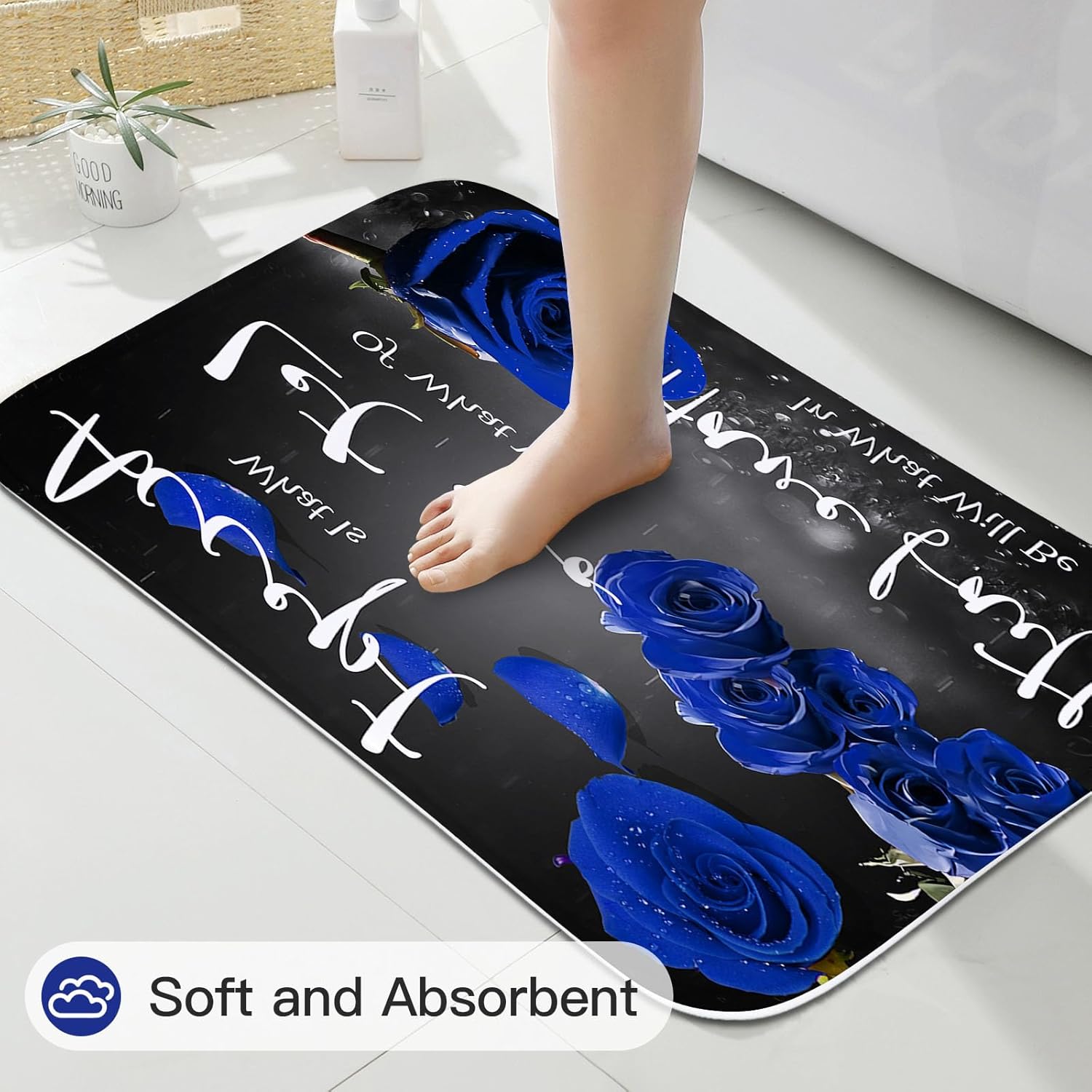 4 Pcs Blue Rose Shower Curtain Sets with Non-Slip Rug, Toilet Lid Cover and Bath Mat, Thankful Grateful Blessed Black Blue Retro Elegant Shower Curtain Valentine's Day Bathroom Set(Hooks Not Included)