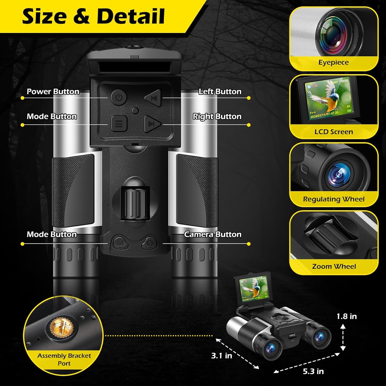 Eoncore Prismáticos de cámara de 2 pulgadas, zoom digital óptico de 10x 8X para adultos | Función de video fotográfico integrada con resolución de 40 MP y 2.5 K, equipada con tarjeta de 32 GB para uso en exteriores
