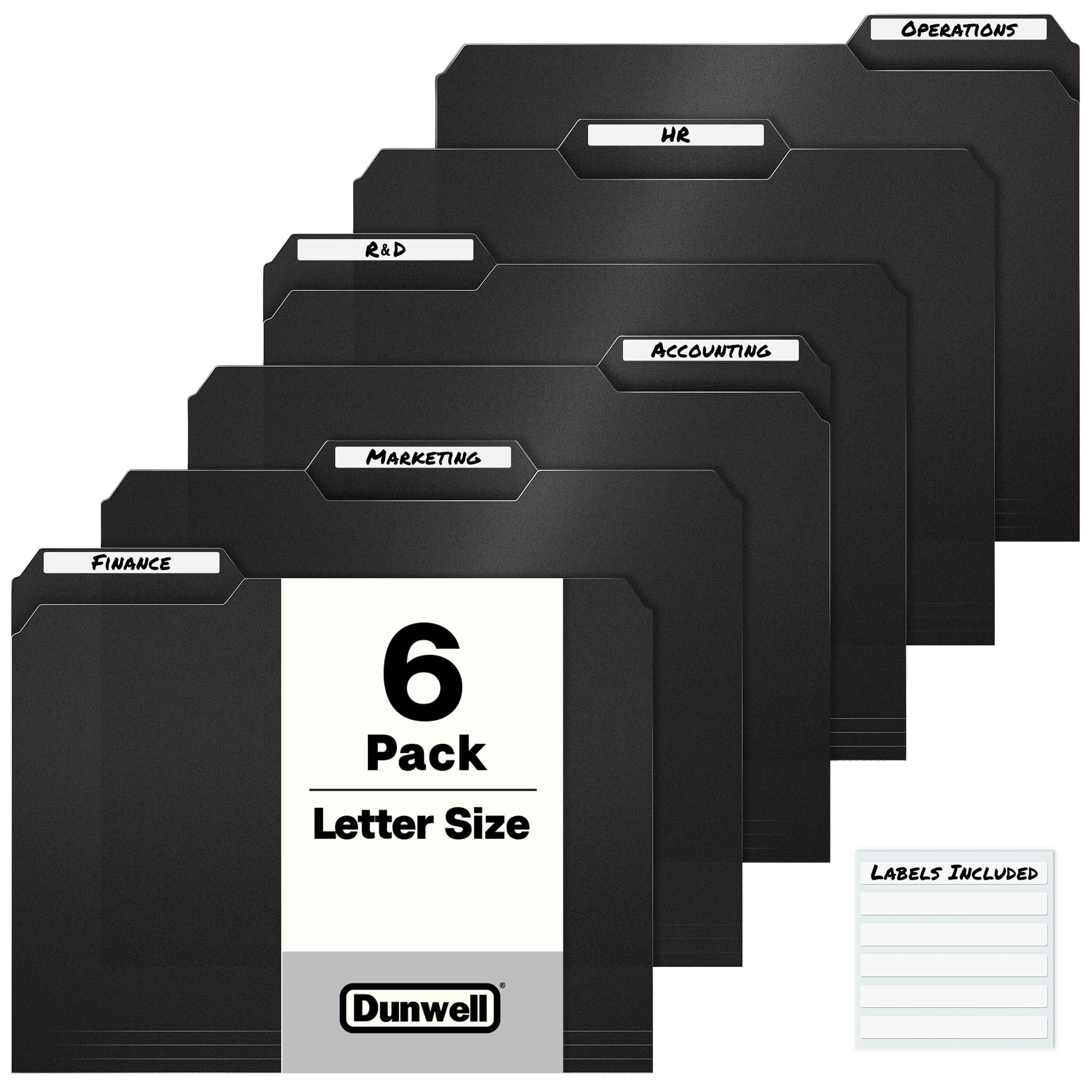 Dunwell Plastic Black 3-Tab Folders, (6 Pack), Sturdy 1/3 Tab File Folders for 8.5x11 Documents, Plastic Manila Filing Sleeves, Acid-Free Poly,