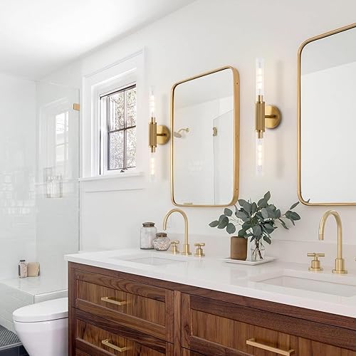 Miniatura 3 de Apliques de pared con textura moleteada dorada de 24 pulgadas, modernos cilindros para baño, con pantalla de vidrio transparente a rayas, 2 luces,