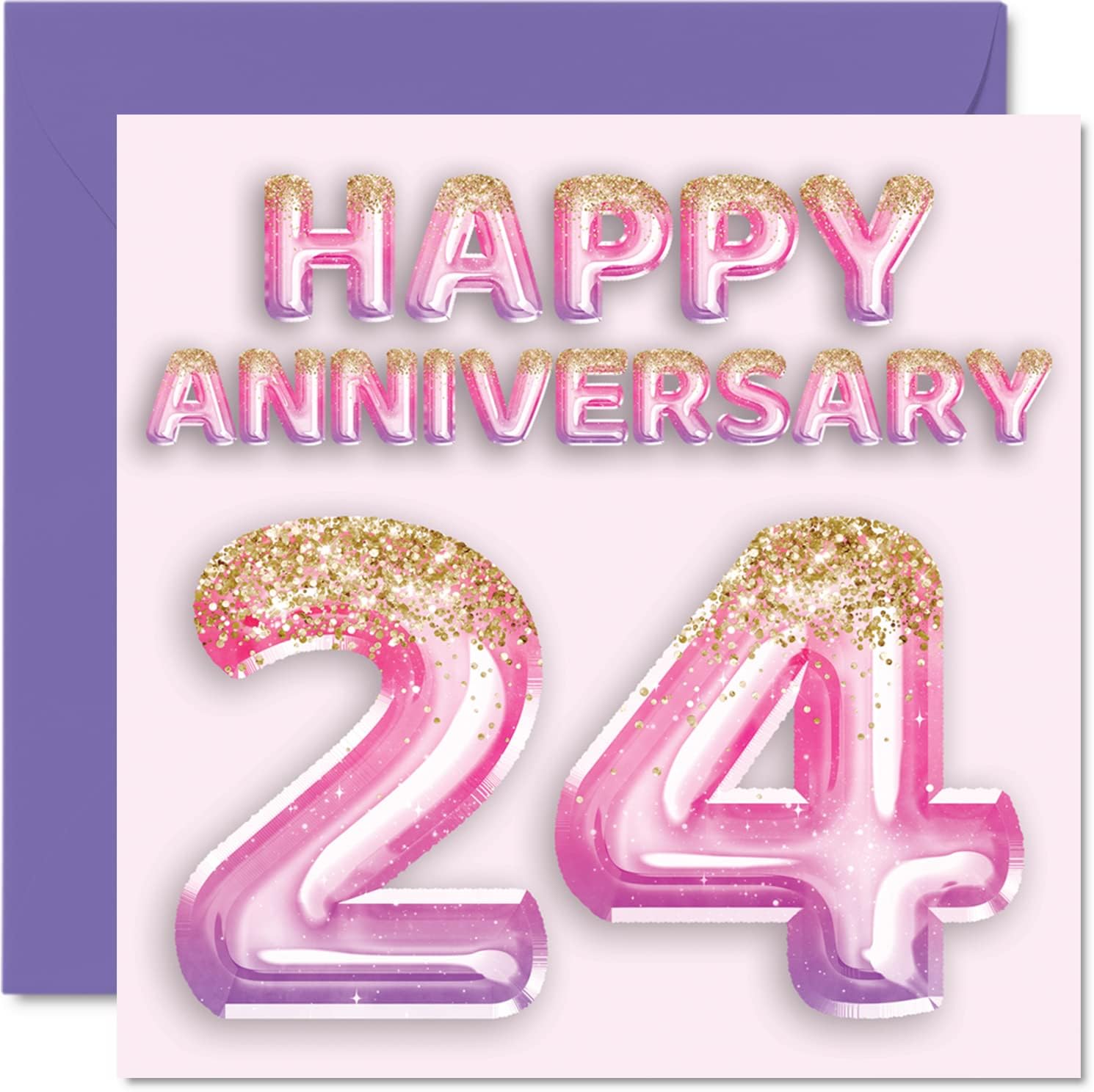 Pretty 24th Anniversary Card for Wife Girlfriend Husband Boyfriend - Pink Purple Glitter Balloons - Happy 24 Anniversary Cards from Family, 145mm x 145mm Greeting Cards for Twenty-Fourth Anniversaries